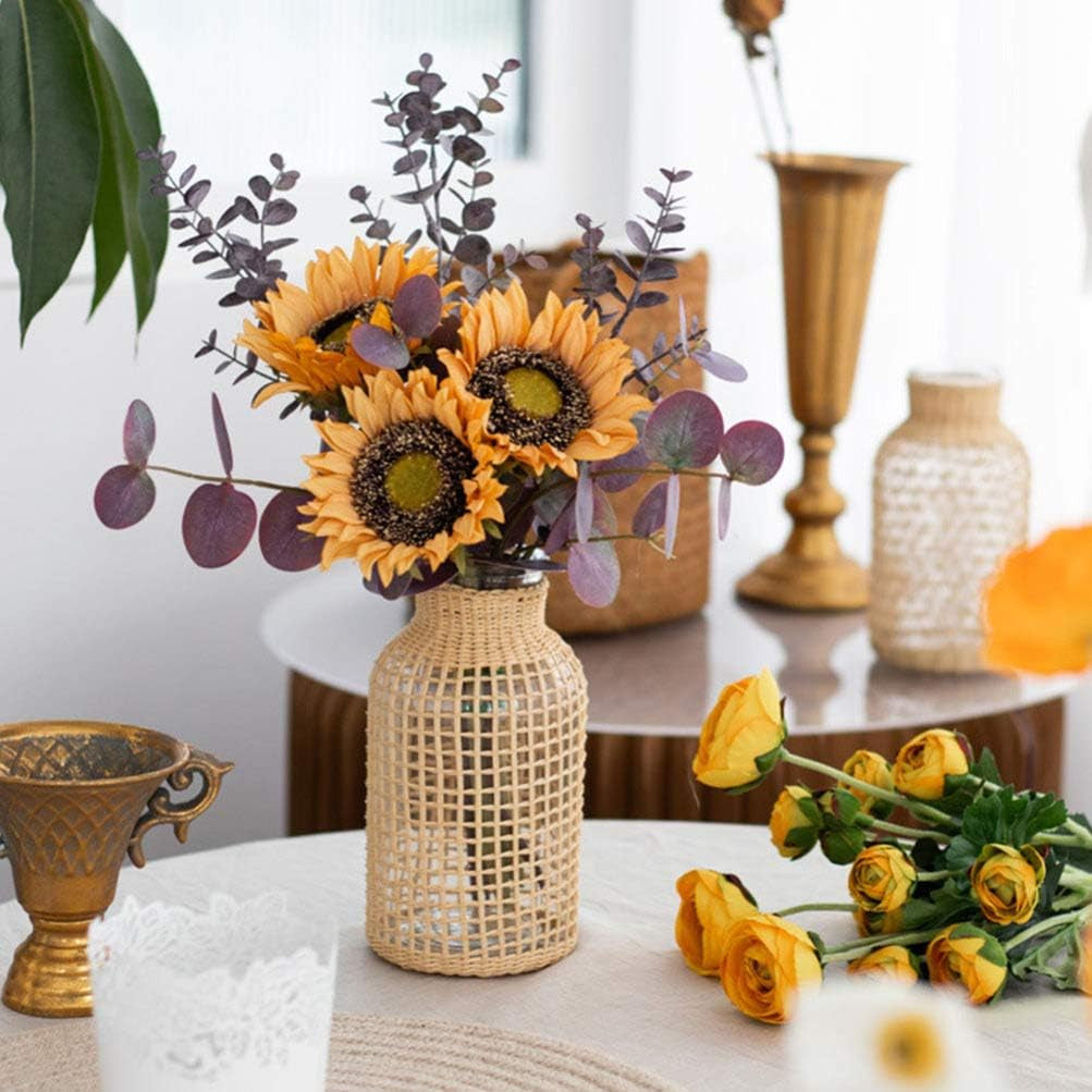 Glass Flower Vase with Rattan Cover, 6.29" Tall Rattan Vase, Wicker Vase for Flowers, Boho Decor, Bud Vase Vintage Country Vase for Home Table Centerpiece, Farmhouse Decoration (S)