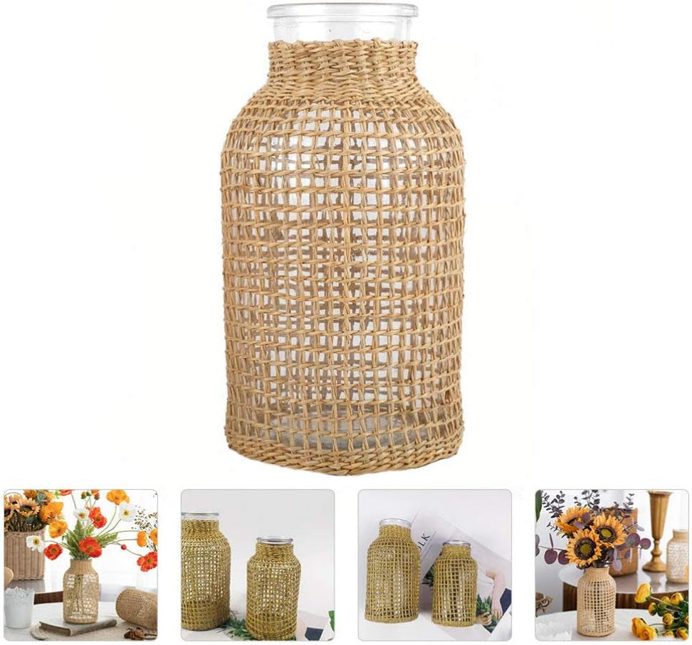 Glass Flower Vase with Rattan Cover, 6.29" Tall Rattan Vase, Wicker Vase for Flowers, Boho Decor, Bud Vase Vintage Country Vase for Home Table Centerpiece, Farmhouse Decoration (S)