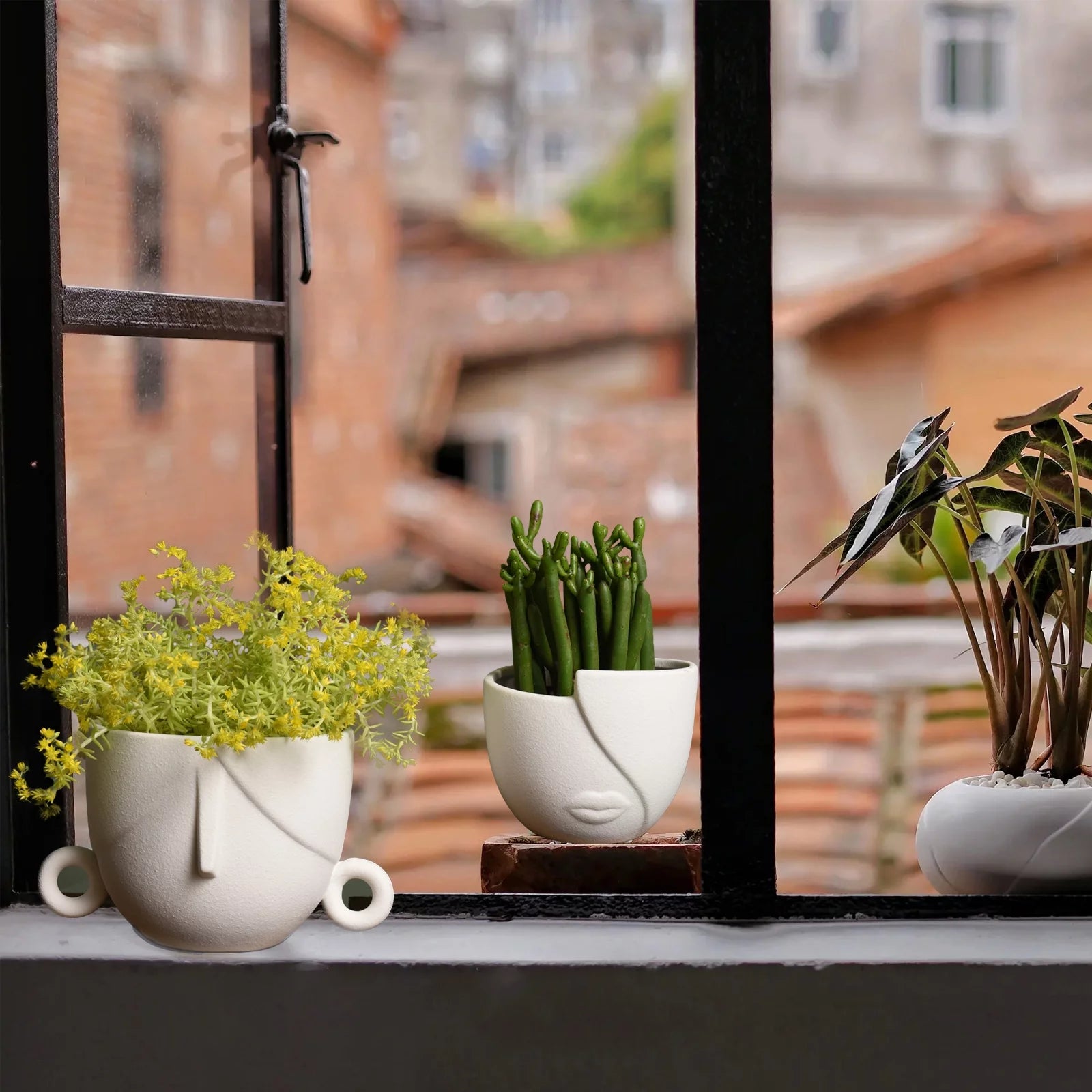 Ceramic Succulent Planter Pots for Indoor Plants with Drainage Holes, Herb Garden Head Planters Set of 2,White 5.4"W