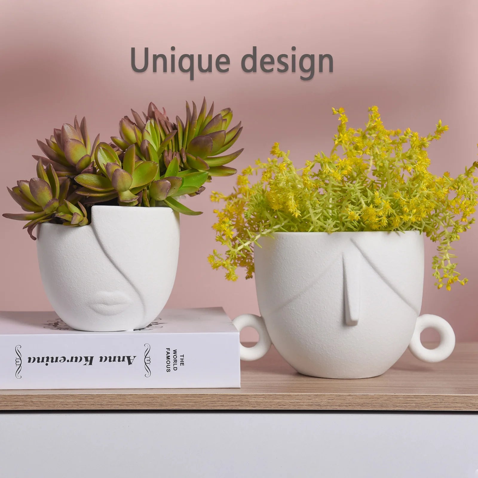 Ceramic Succulent Planter Pots for Indoor Plants with Drainage Holes, Herb Garden Head Planters Set of 2,White 5.4"W
