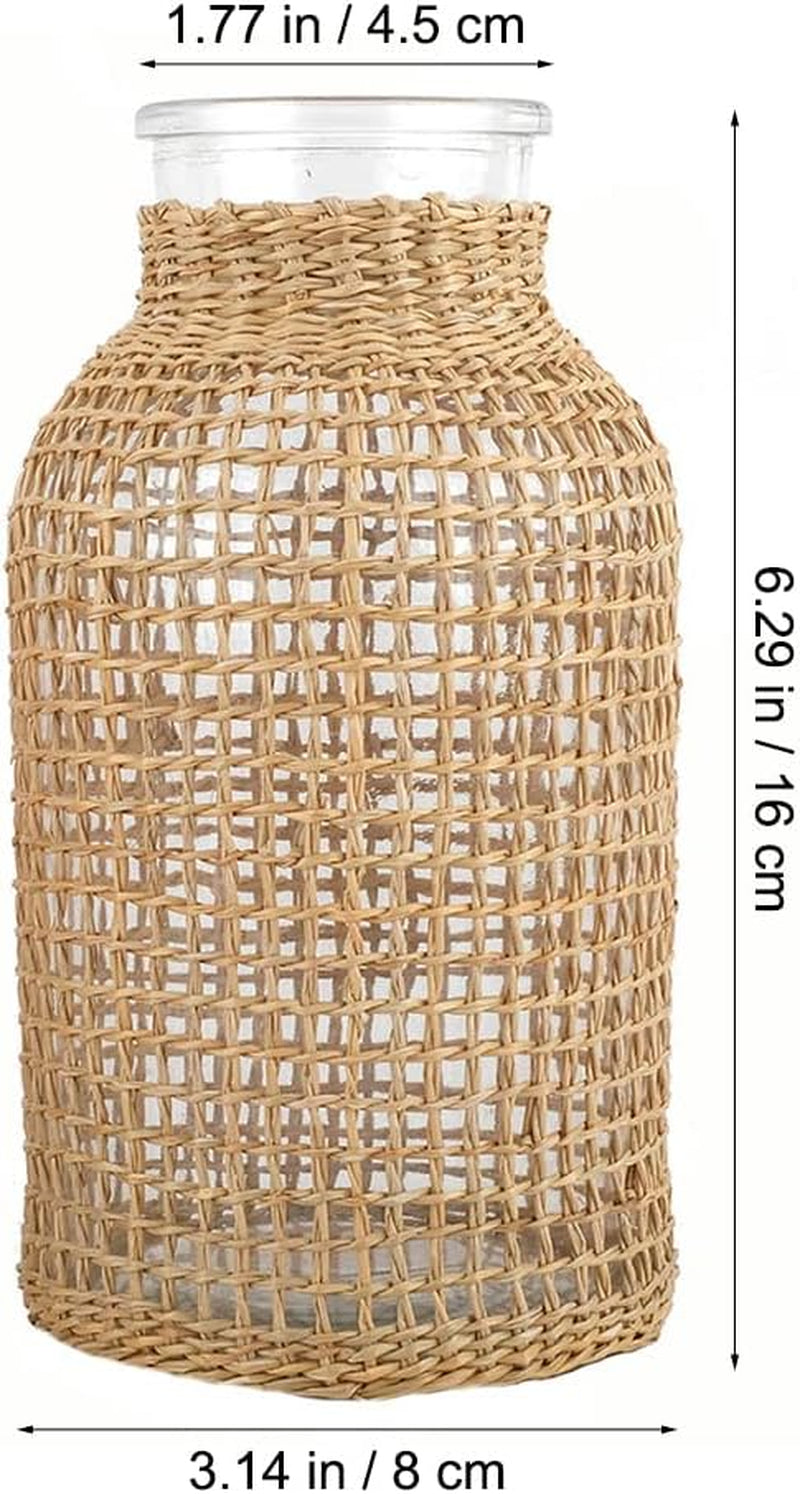 Glass Flower Vase with Rattan Cover, 6.29" Tall Rattan Vase, Wicker Vase for Flowers, Boho Decor, Bud Vase Vintage Country Vase for Home Table Centerpiece, Farmhouse Decoration (S)