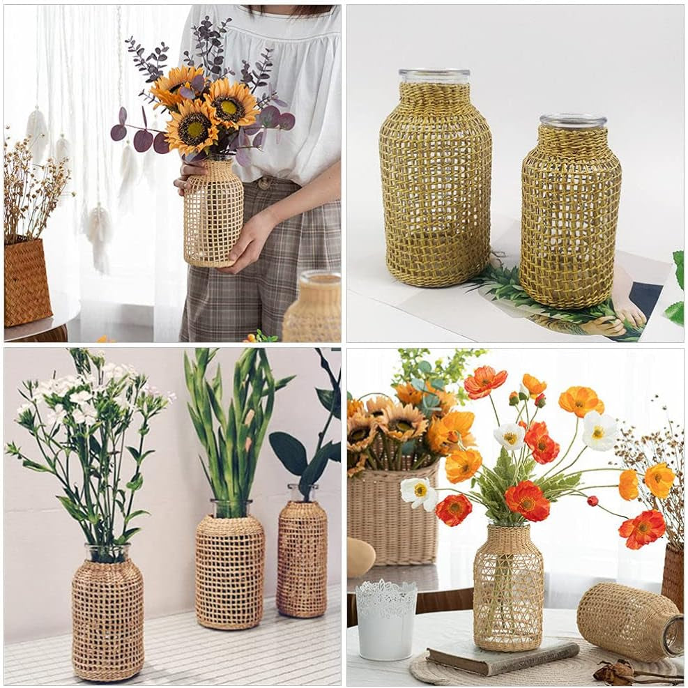 Glass Flower Vase with Rattan Cover, 6.29" Tall Rattan Vase, Wicker Vase for Flowers, Boho Decor, Bud Vase Vintage Country Vase for Home Table Centerpiece, Farmhouse Decoration (S)