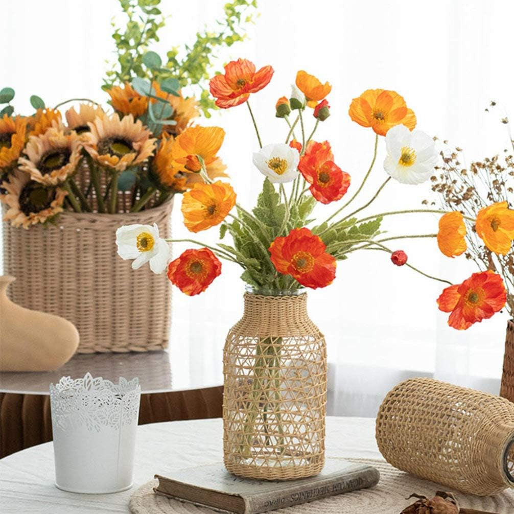 Glass Flower Vase with Rattan Cover, 6.29" Tall Rattan Vase, Wicker Vase for Flowers, Boho Decor, Bud Vase Vintage Country Vase for Home Table Centerpiece, Farmhouse Decoration (S)