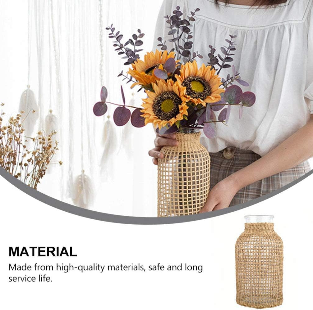 Glass Flower Vase with Rattan Cover, 6.29" Tall Rattan Vase, Wicker Vase for Flowers, Boho Decor, Bud Vase Vintage Country Vase for Home Table Centerpiece, Farmhouse Decoration (S)