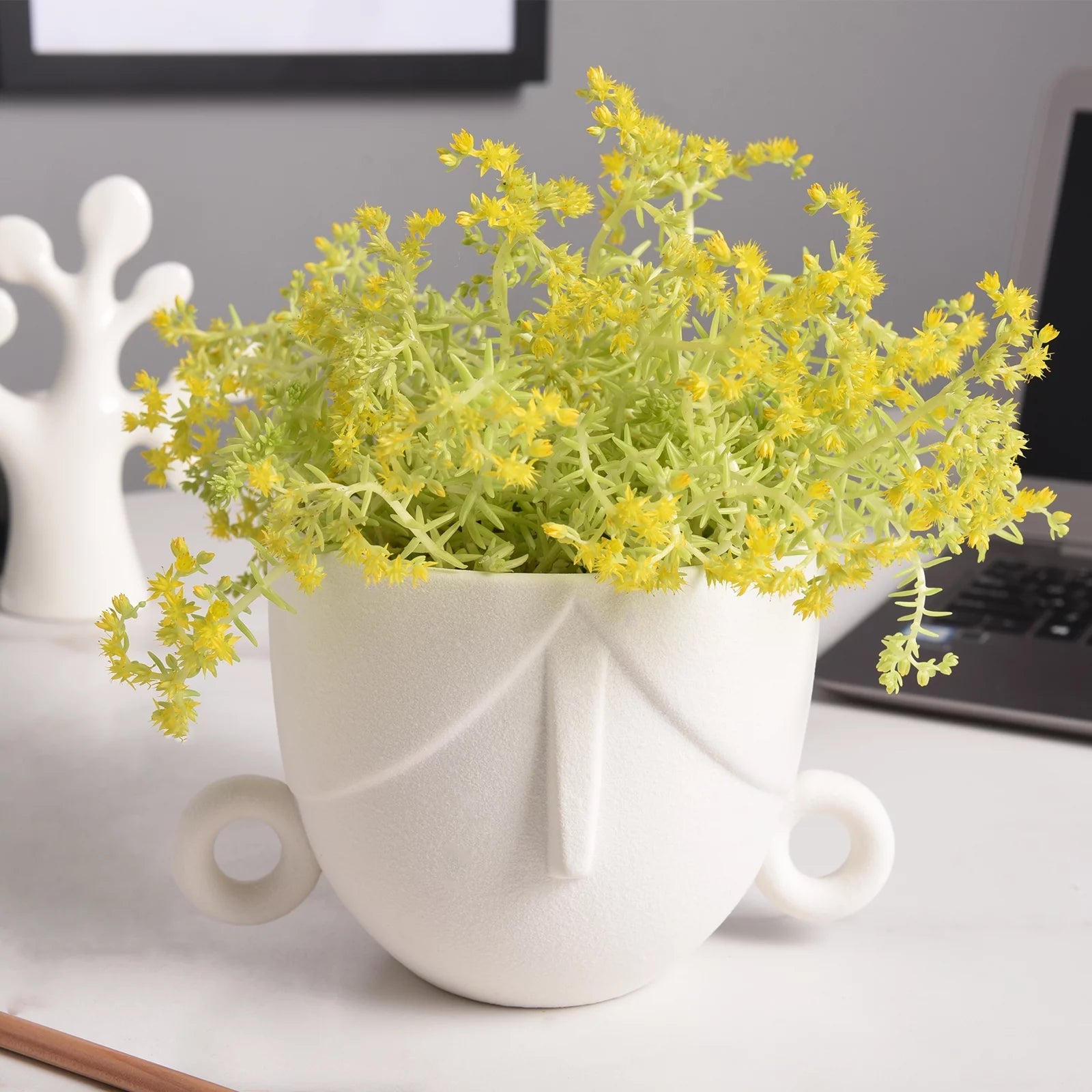 Ceramic Succulent Planter Pots for Indoor Plants with Drainage Holes, Herb Garden Head Planters Set of 2,White 5.4"W